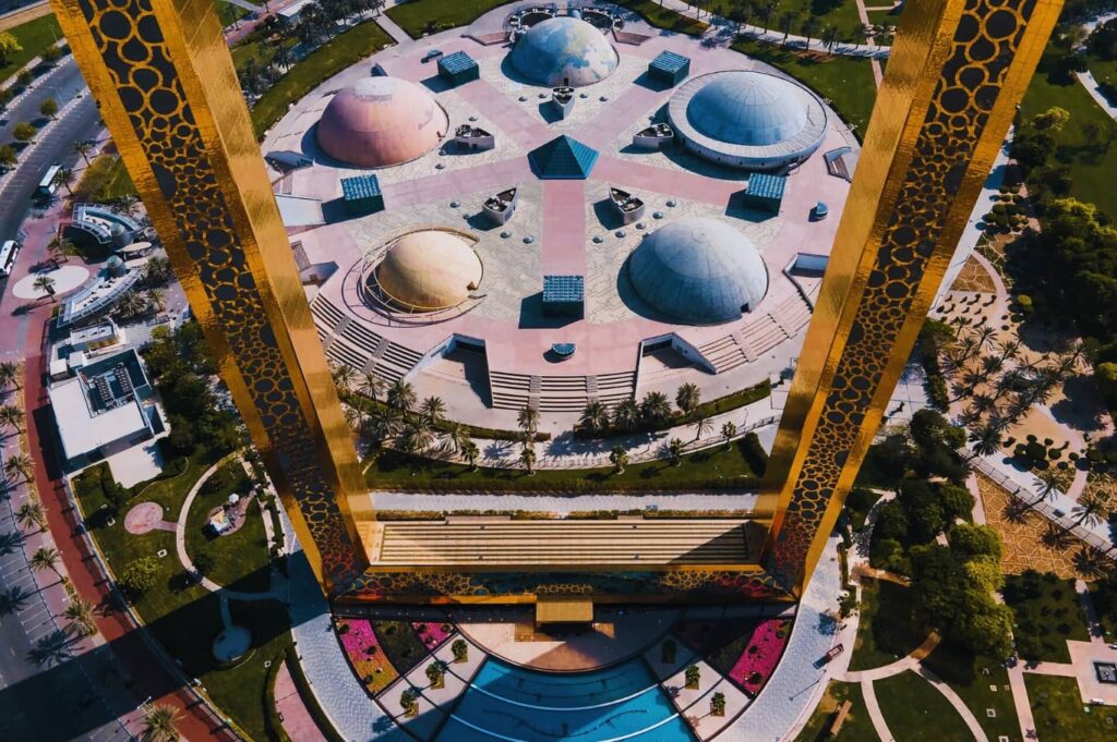 An aerial photograph that captures the dubai frame's lovely surroundings