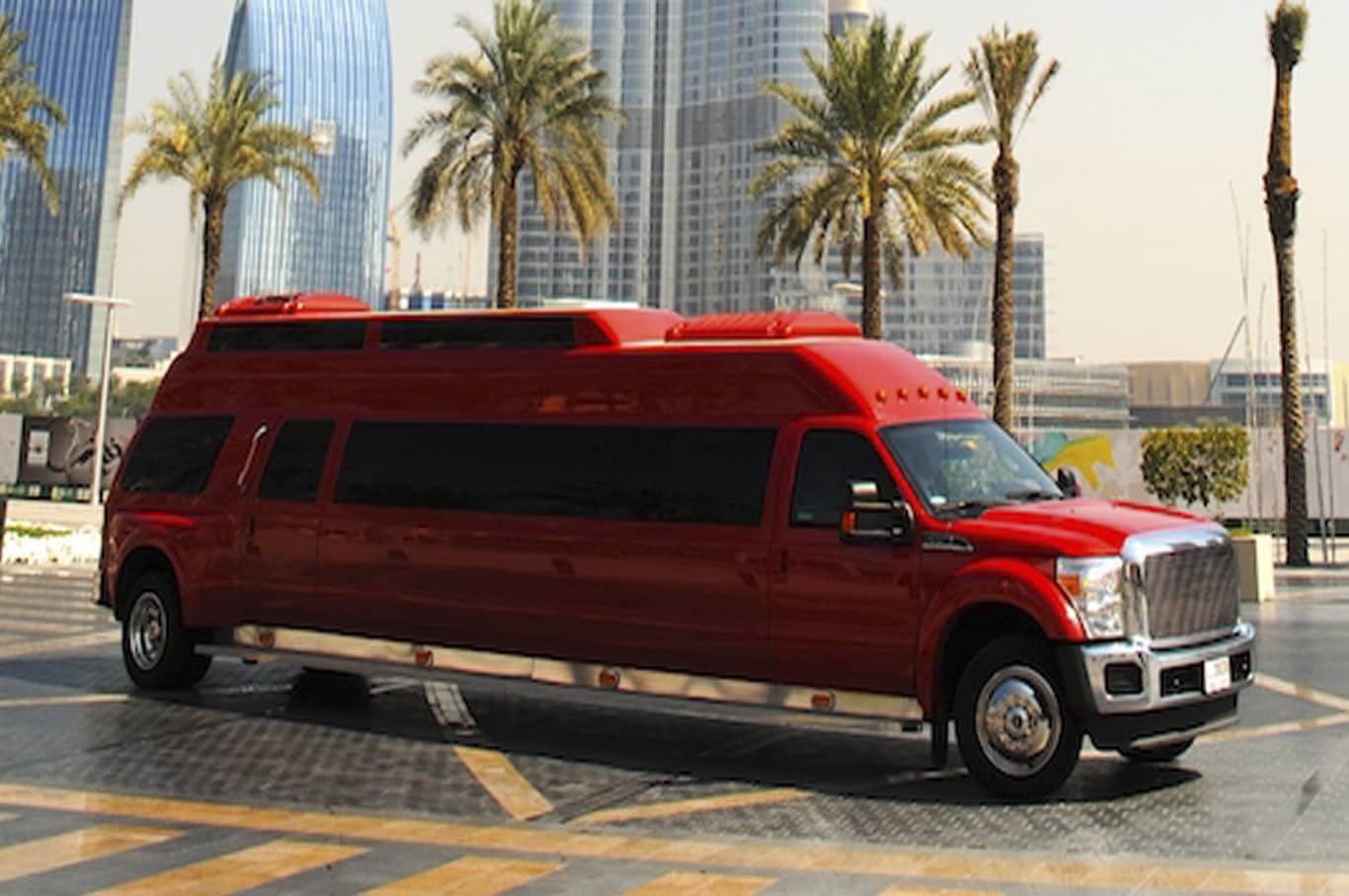 F550 Big RED Limousine Ride in Dubai Side View